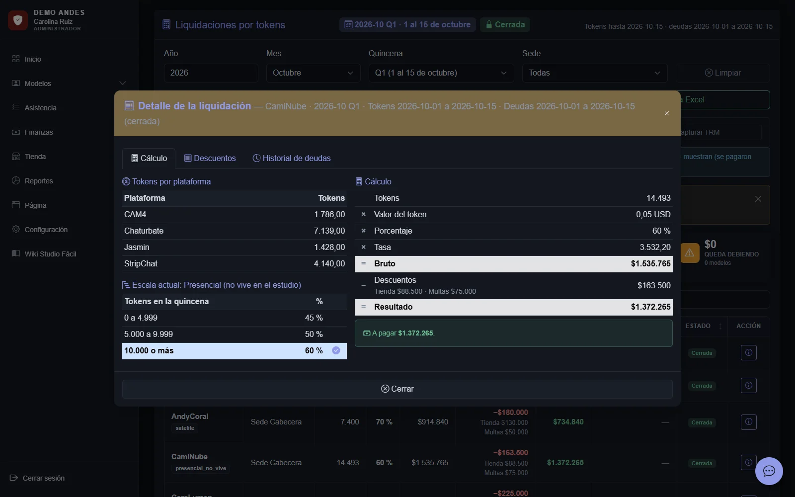 Pantalla de Liquidación por tokens en Studio Fácil, con datos de ejemplo